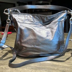 Pewter Leather Coach shoulder bag with cross body strap